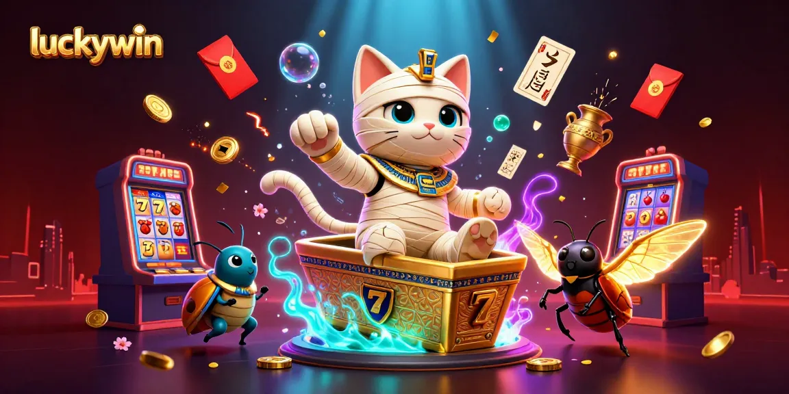 Experience luckywin's thrilling 3D casino scene with slots, an Egyptian mummy cat, and golden elements.