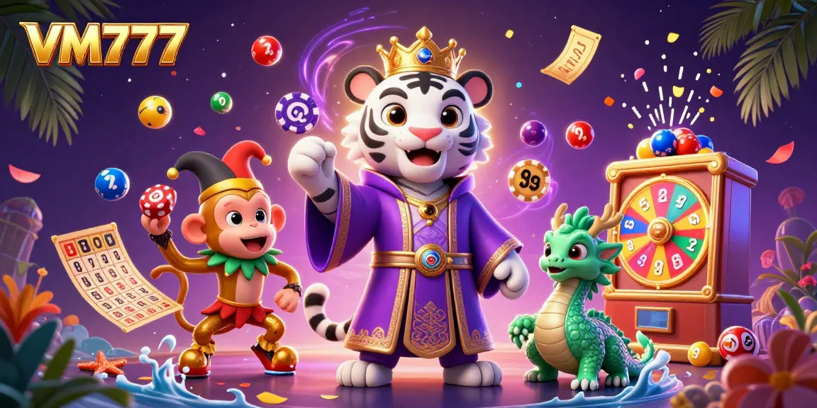 Engage with the vibrant world of VM777 featuring a royal tiger and playful monkey amidst exciting gambling elements.