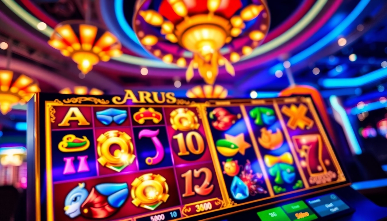Menampilkan Arus Hoki pada layar slot dengan simbol warna-warni di kasino.