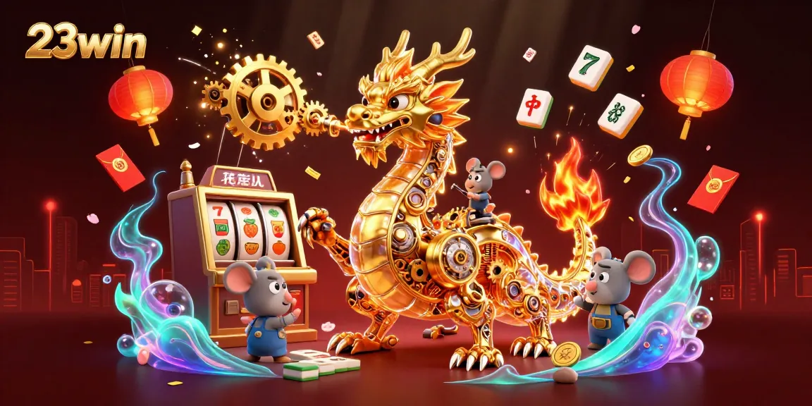 Engage with the thrill of 23win alongside a golden dragon amidst dynamic casino game elements.