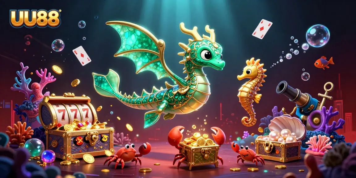 UU88 casino adventure with an emerald sea dragon and vibrant slot elements