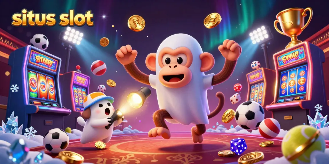 Engage in thrilling action on the situs slot with a playful ghost and a curious puppy in a vibrant casino.