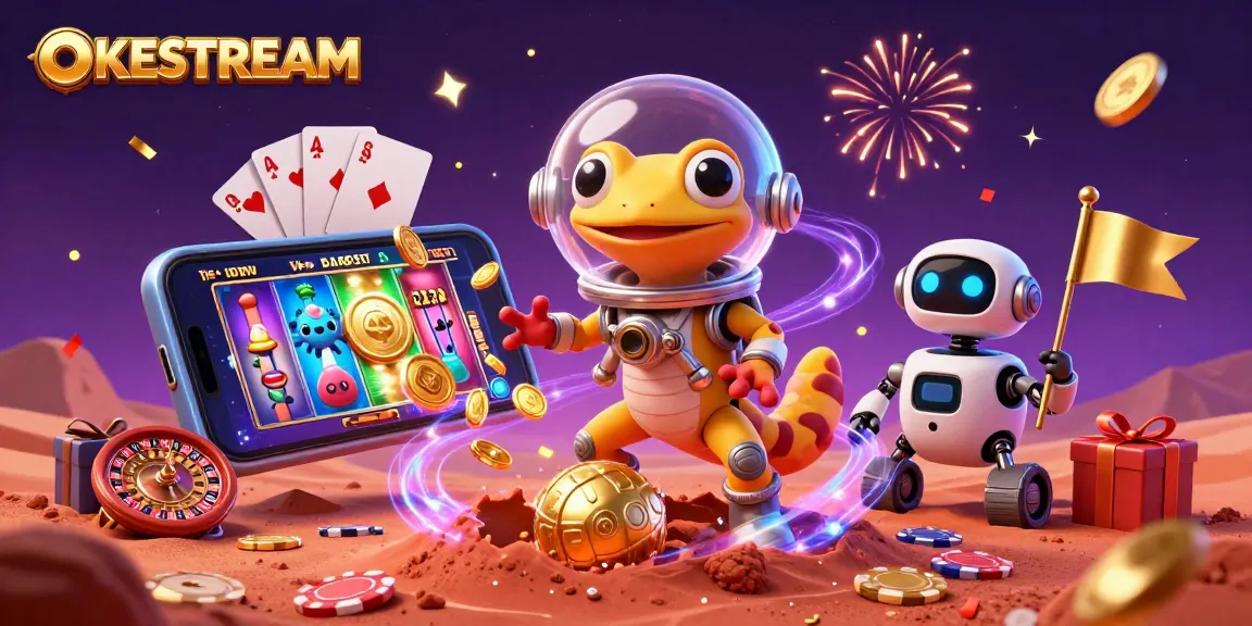 Melihat OKESTREAM dan kasino emas di Mars dengan karakter gecko dan robot.