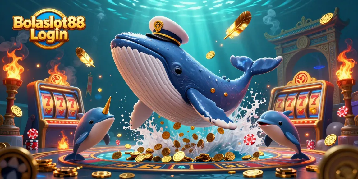 Bolaslot88 Login showcases a vibrant 3D casino scene with whales and dolphins amidst gaming excitement.
