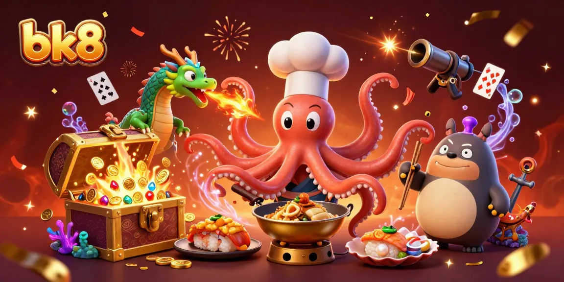 Experience thrilling gaming action at bk8 with colorful, dynamic 3D illustrations depicting vibrant game elements.