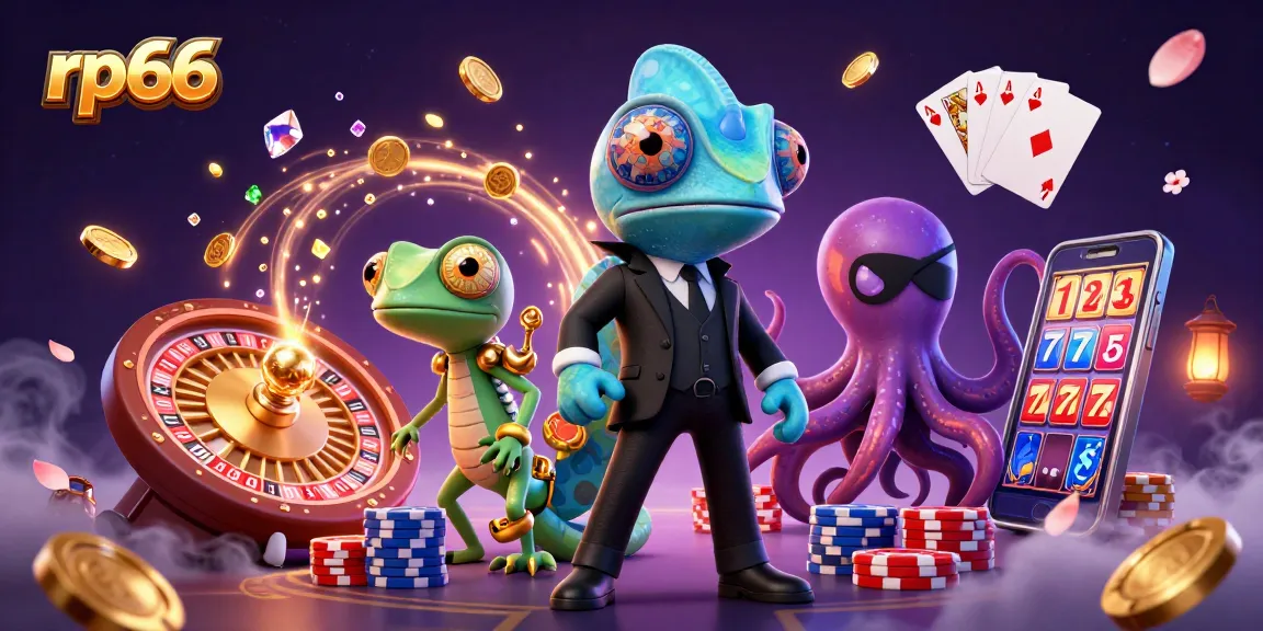 Experience thrilling gaming at rp66 with a secret agent chameleon and friends in a vibrant casino scene.