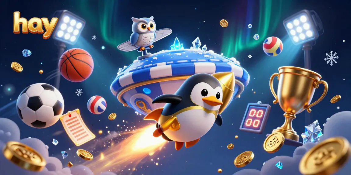 Experience the excitement of hay as a golden penguin zooms toward a casino space station, amidst dynamic sports elements.