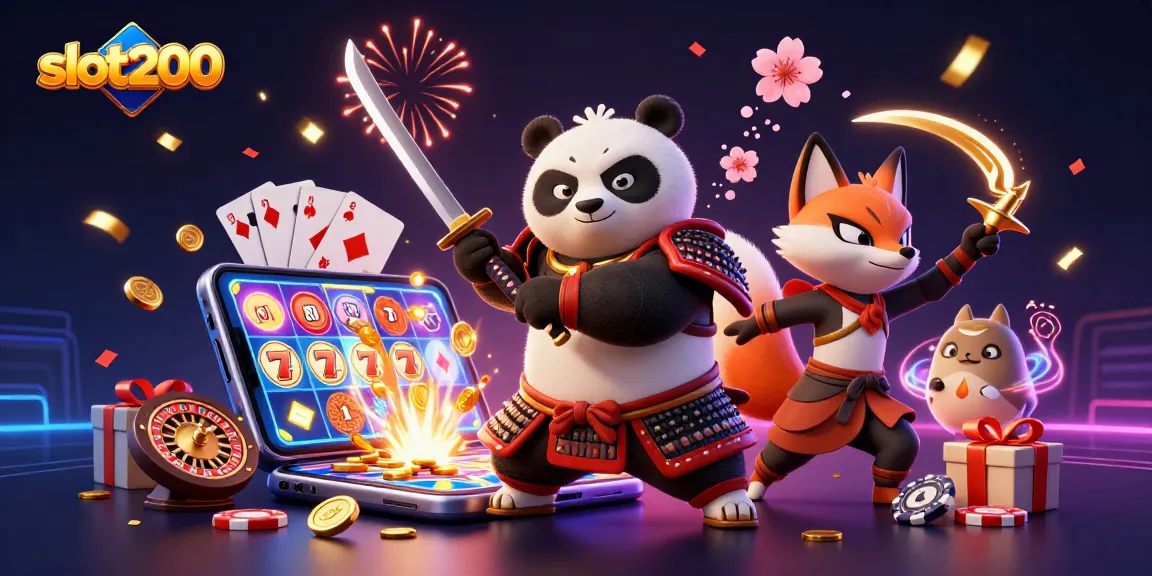 Slot200 menampilkan samurai panda 3D berperang, dikelilingi permainan slot dan koin emas.