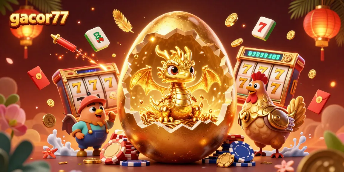 Gacor77 menampilkan ilustrasi kasino dengan naga emas di tumpukan chip poker, dalam suasana meriah.