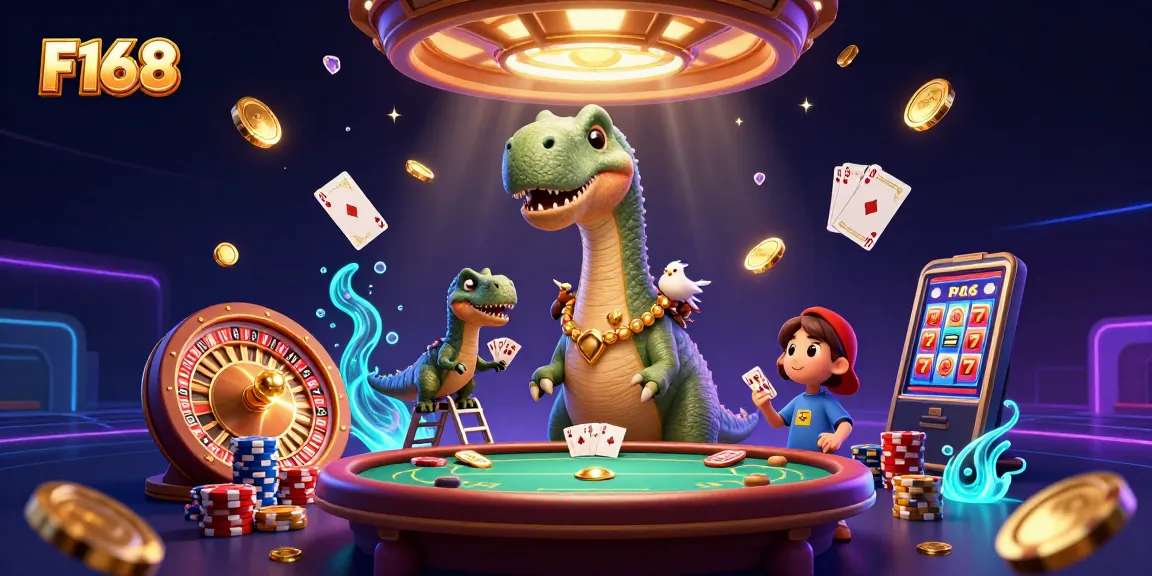 Engage in thrilling casino excitement with F168's vibrant gaming scene, featuring cards and coins.