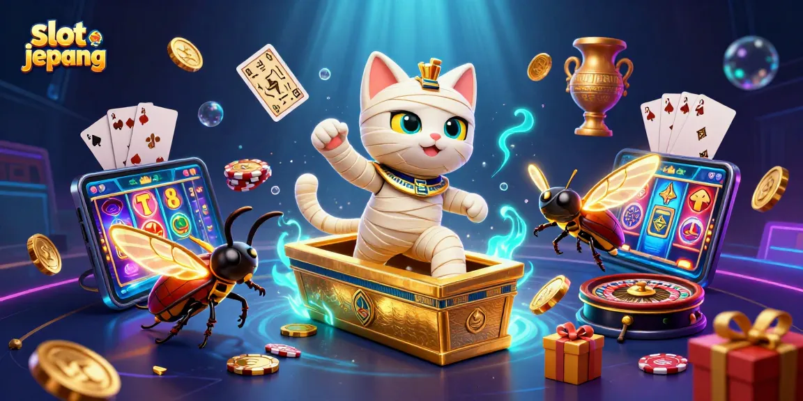 Win big with slot jepang as the Egyptian mummy cat bursts forth in a vibrant pyramid casino scene.