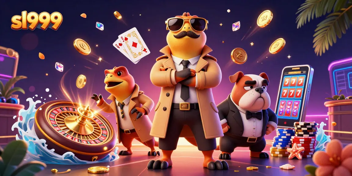Experience thrilling gambling at sl999 in a vibrant casino scene with raptors and a bulldog bouncer.