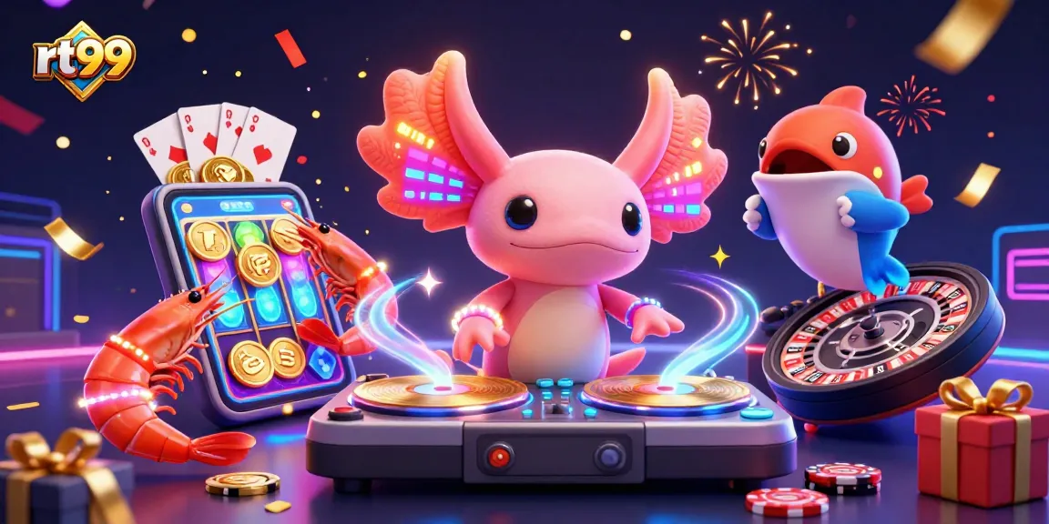 Experience the fun at rt99 with vibrant 3D characters enjoying slot action and celebrations.
