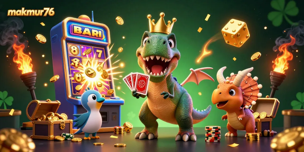 Experience excitement with makmur76, where a playful T-Rex shuffles cards amidst casino treasures.
