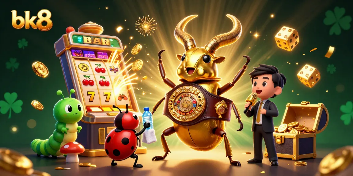 Experience thrilling action at bk8 with a giant golden stag beetle champion amidst dynamic casino elements.