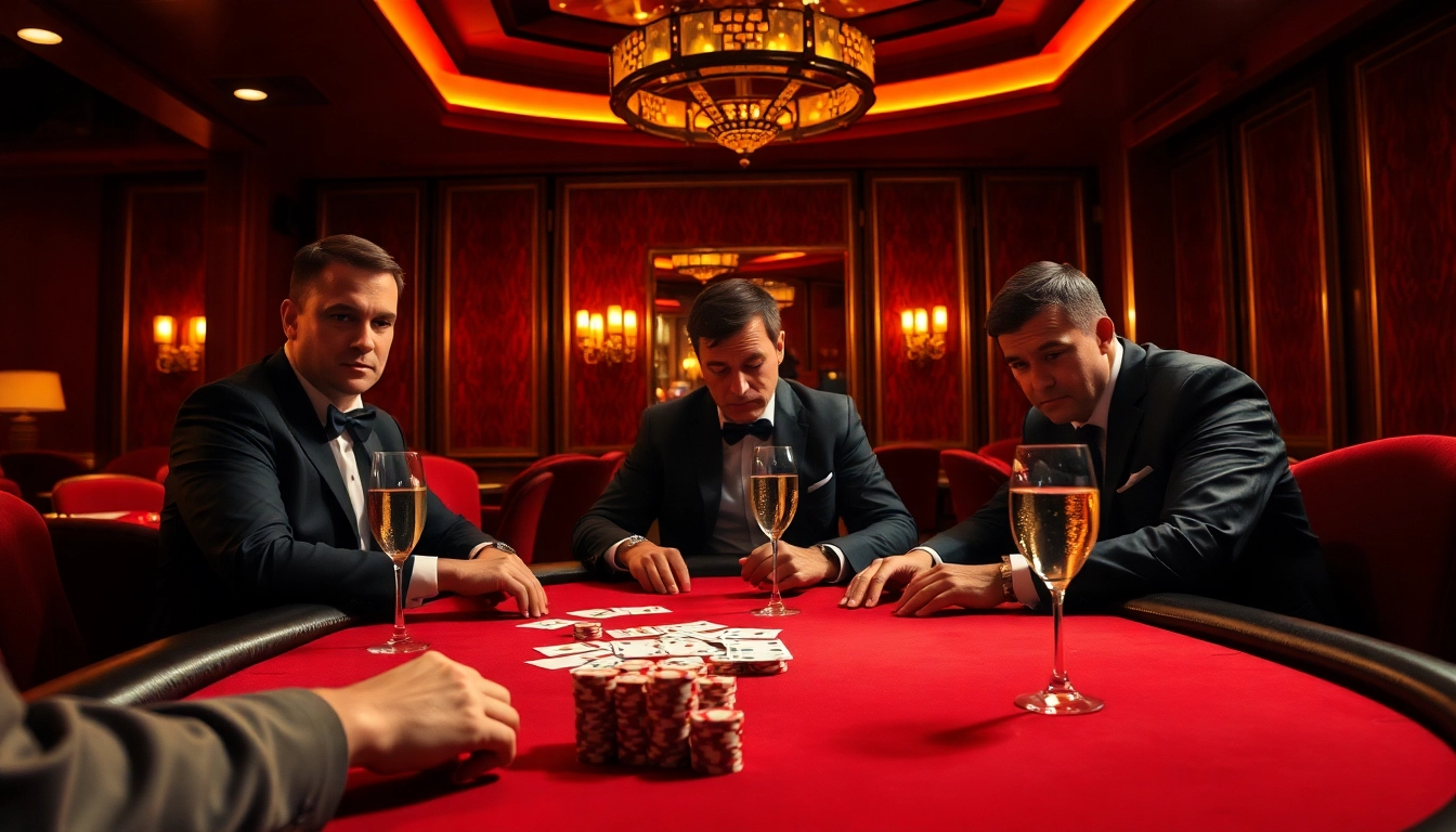 Kutu4d dalam suasana kasino yang mewah dengan pemain yang terfokus di meja poker.