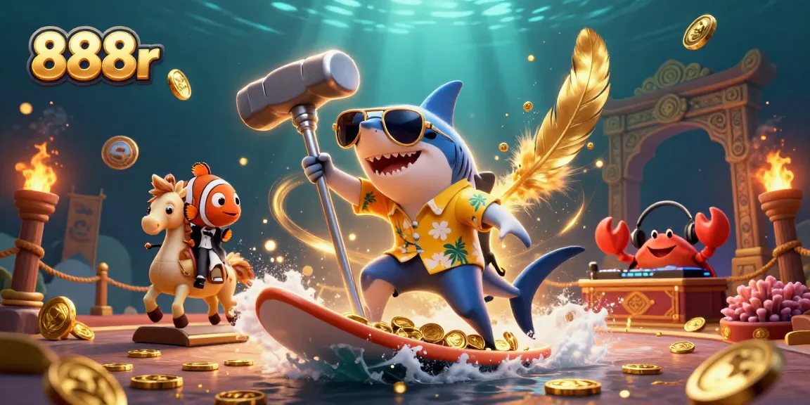 Join the action in the vibrant world of 888r, featuring a shark surfing on gold coins amid colorful game elements.