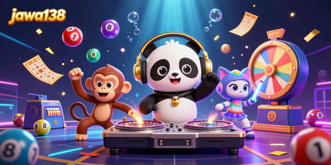 Merayakan kemenangan di jawa138 dengan DJ panda, monyet breakdance, dan kucing bercahaya dalam suasana kasino.