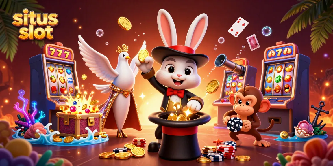 Engage with situs slot through a vibrant illustration featuring a magician rabbit, glittering coins, and playful casino elements.