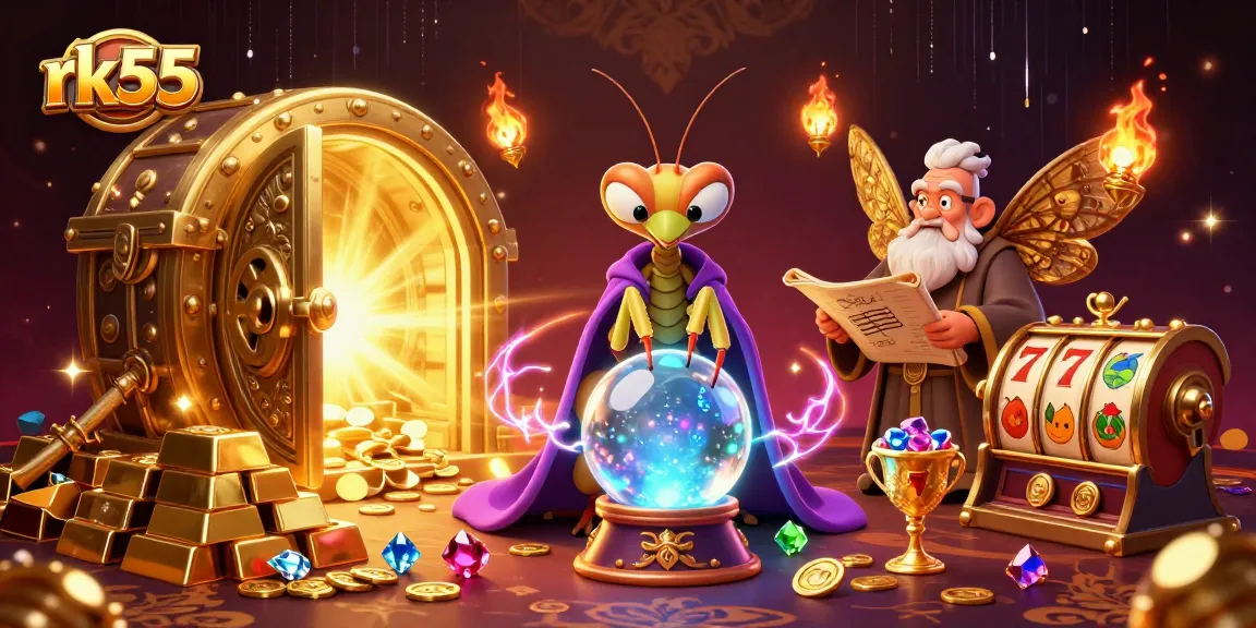 Experience the excitement of rk55 with a vibrant casino scene featuring a fortune teller and treasures.