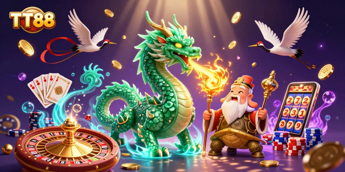 Experience the excitement of TT88 with a dynamic 3D illustration featuring vibrant casino elements.