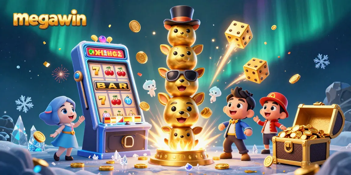 Bermain di megawin dengan mesin slot 3D yang memancarkan koin jackpot dan simbol keberuntungan.