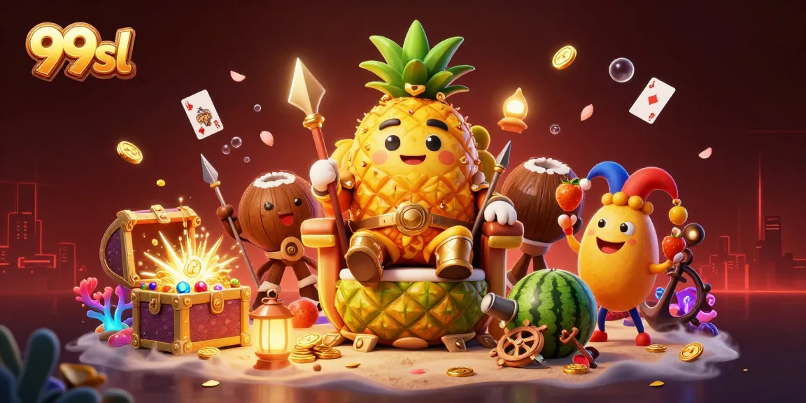 Experience the fun at 99sl with a golden pineapple king and lively beach casino backdrop.