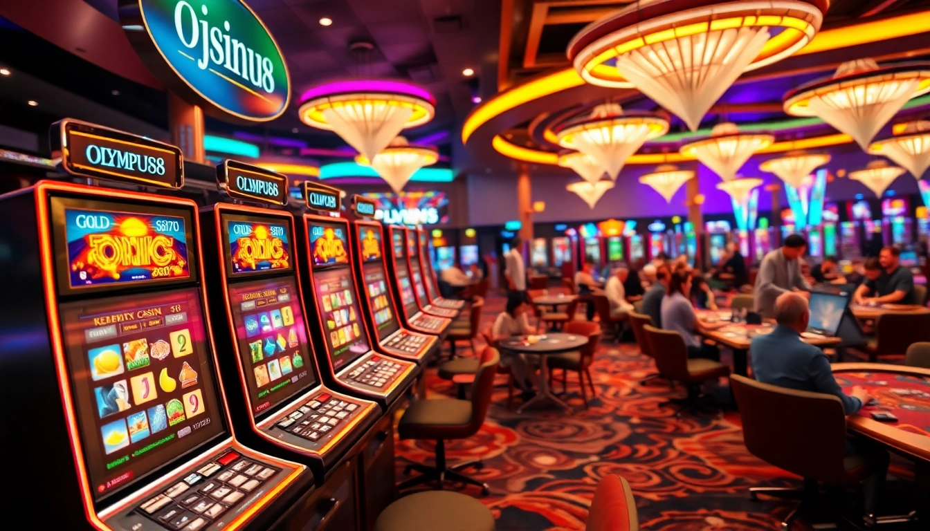 Menampilkan kasino OLYMPUS88 yang meriah dengan pemain yang antusias dan mesin slot modern.