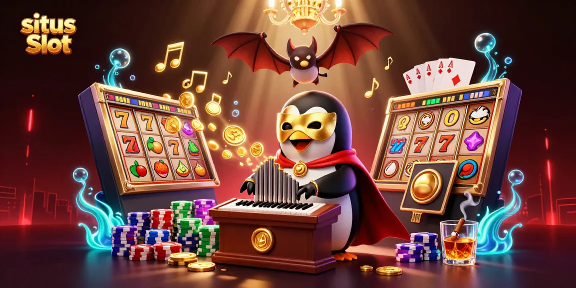 Explore the exciting world of situs Slot featuring a vibrant 3D illustration with a penguin playing an organ and exciting game elements.