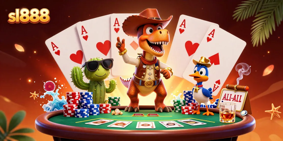 Engage in thrilling poker action with sl888, featuring a T-Rex cowboy and friends amidst vibrant casino elements.