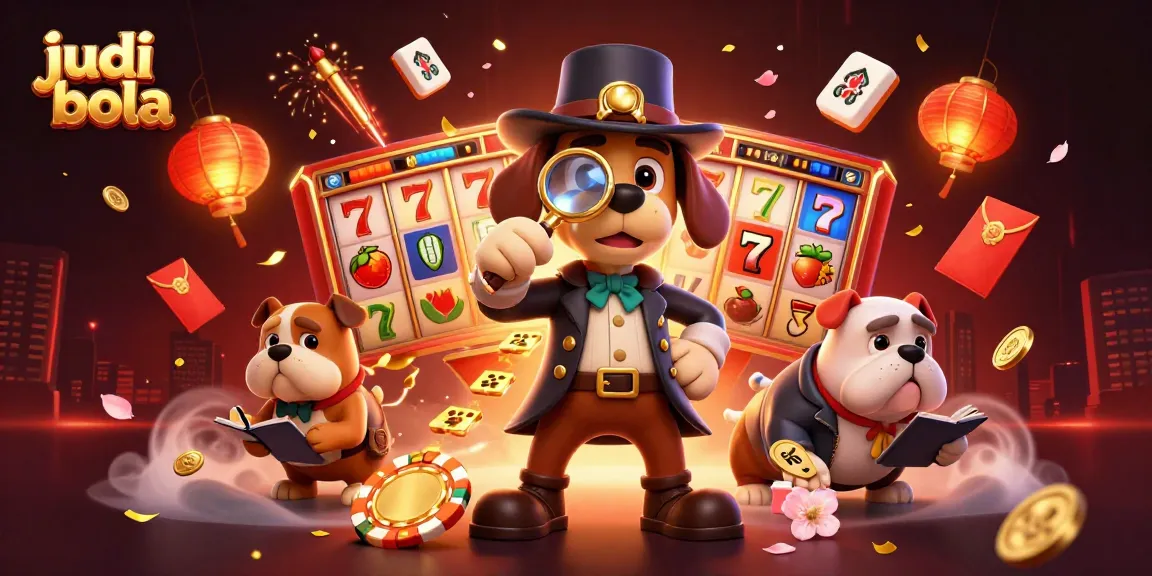 Gambaran 3D judi bola yang menampilkan detektif anjing dalam suasana kasino, dengan simbol keberuntungan dan lampion berkilau.