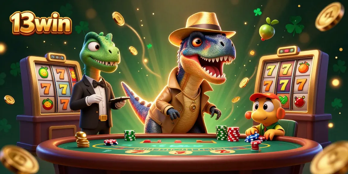 Experience the excitement of 13win with a cartoon velociraptor at the blackjack table amidst vibrant casino elements.