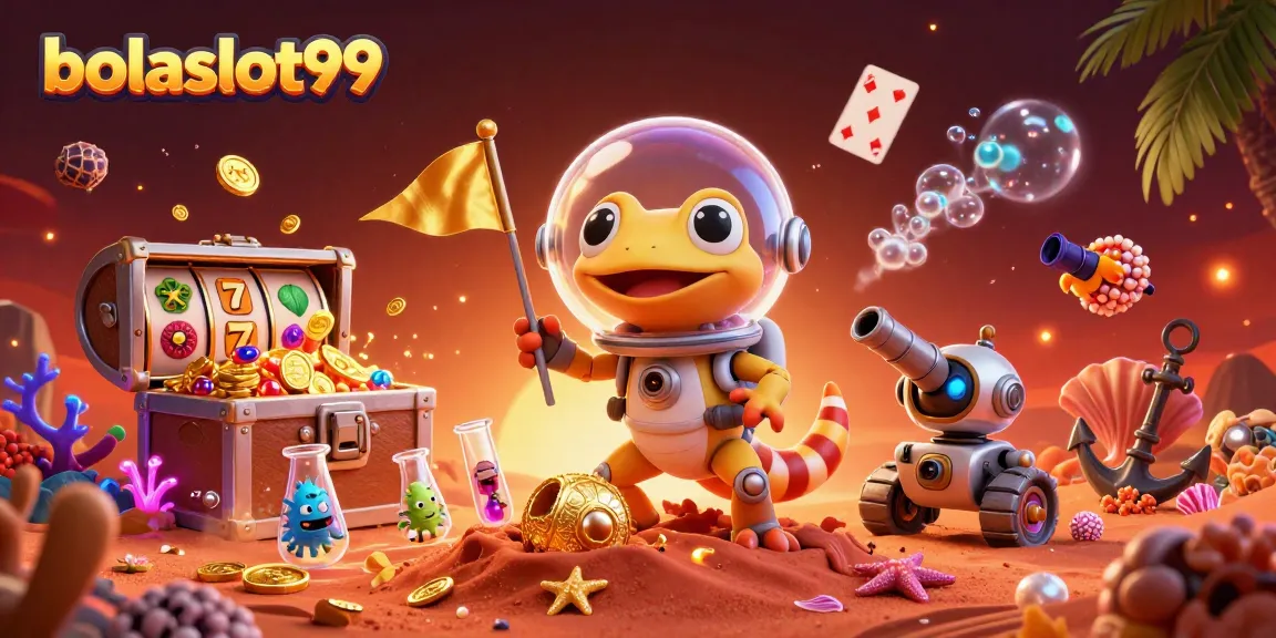 Bolaslot99 brings excitement with a Martian gecko discovering a golden casino surrounded by slot elements.